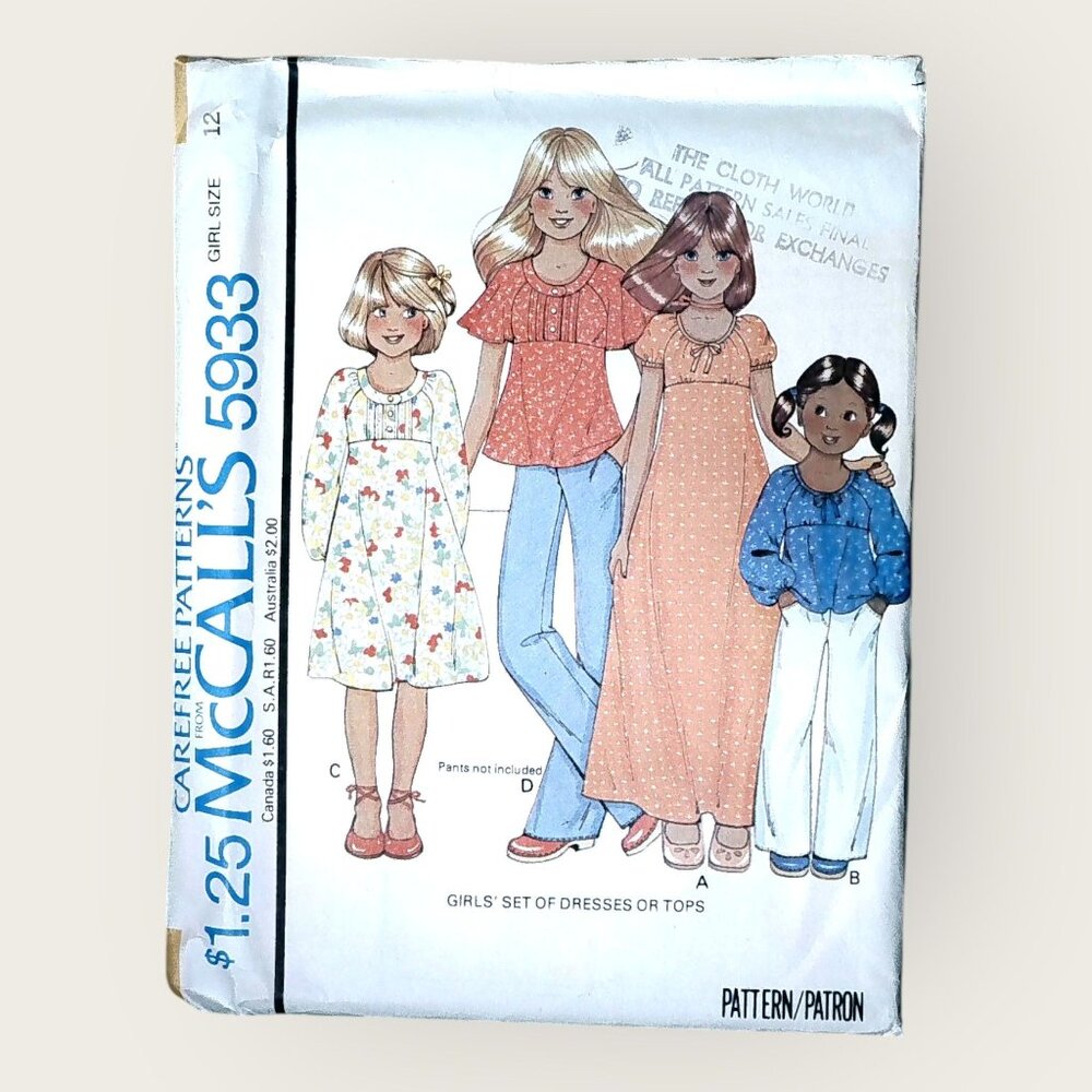 Vintage 1970s McCalls Sewing Pattern 5933 Girls Dress Top Size 12 Uncut